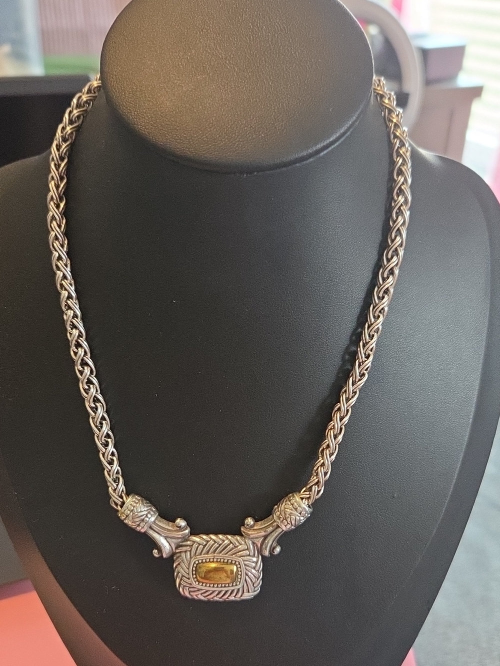 Vintage Brighton Two-Tone Chain Necklace with Amber Stone